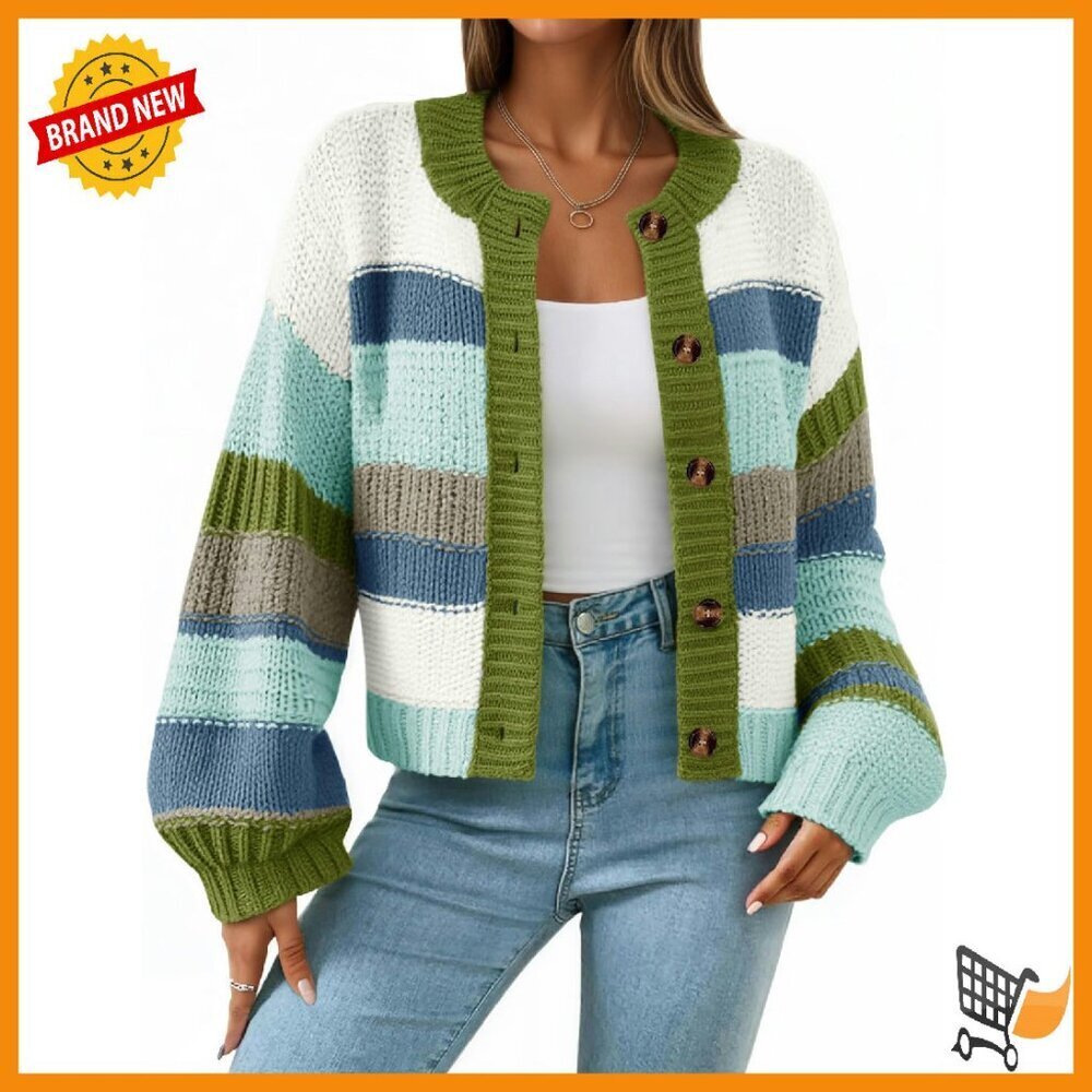 Chunky Striped Cardigan Sweater Oversized Fit Button Up Long Sleeve